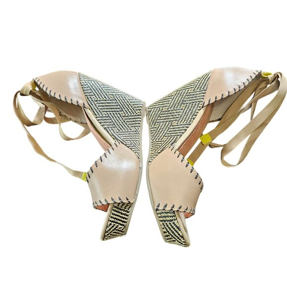 Tan Woven Wedge Heels With Ankle Tie Strap & Black Stitch Detail Womens Size 8.5 - Picture 2 of 15